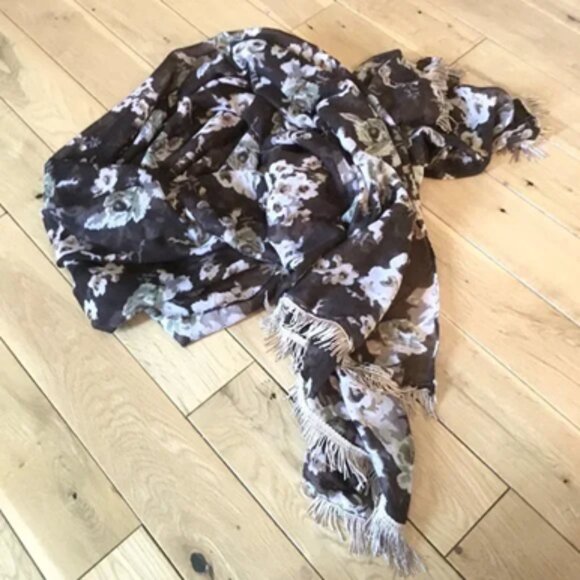 Large Voluminous Semi Sheer Tasseled Floral Scarf In Brown, Cream and Sage - Picture 11 of 14